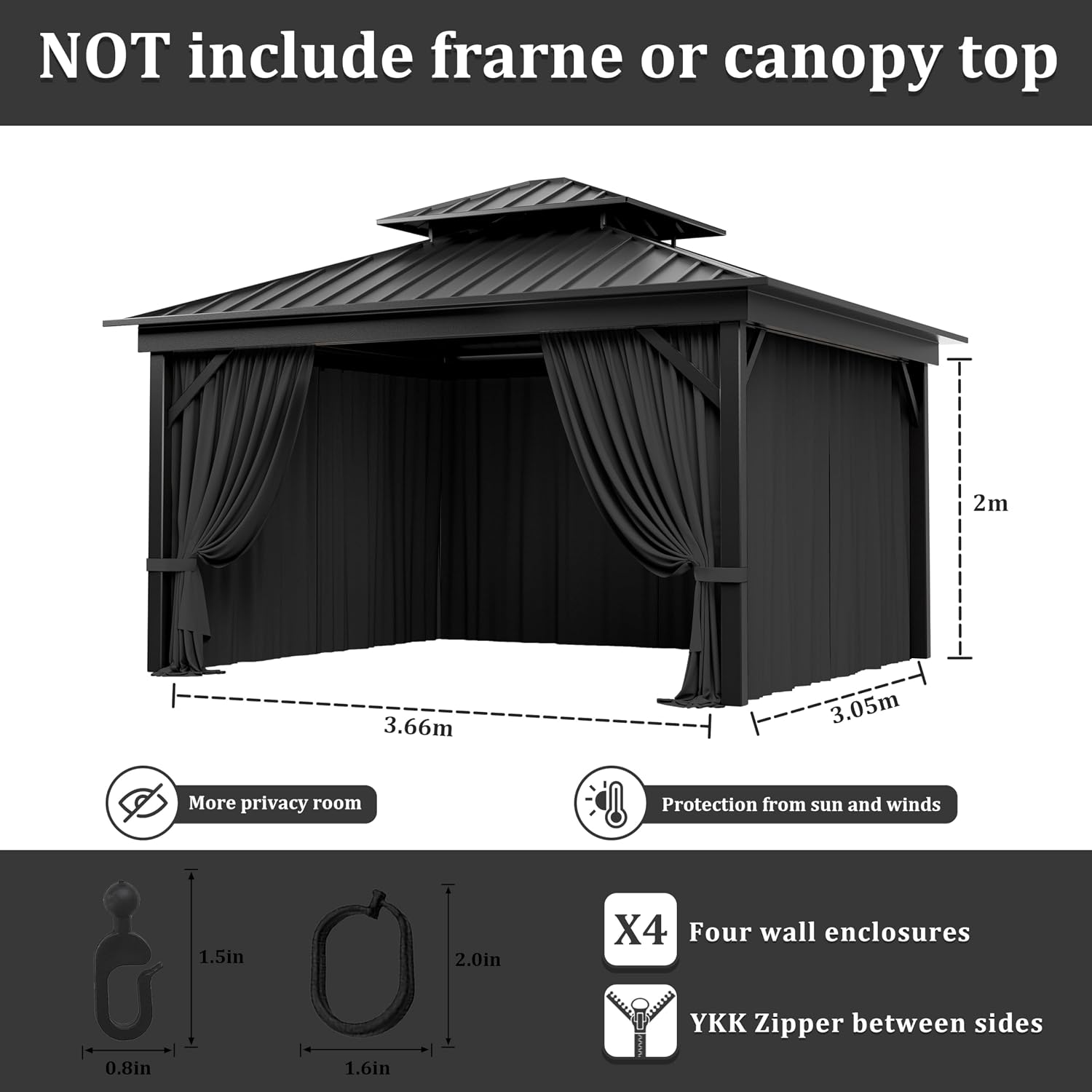 Outdoor Gazebo Curtain Replacement Universal 4-Panel Sidewalls 10' X 12',Outdoor Patio Waterproof Privacy Curtain with Double Zipper for Patio,Garden, and Backyard (Curtain Only)