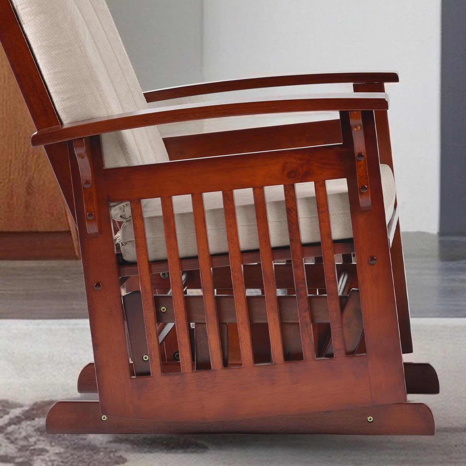Solid Wood Glider Rocking Chair and Ottoman Set, Rustic Nursery Glider Rocker with Padded Cushion, Smooth Rocking Motion Indoor Living Room Nursing,Napping,Reading, Cream
