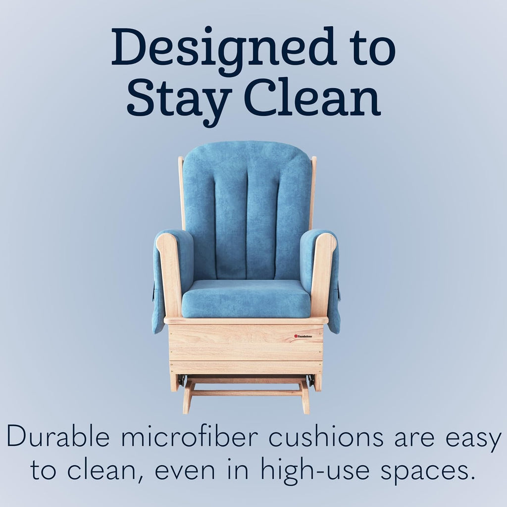 Foundations SafeRocker Standard Glider Rocker - Baby Feeding and Rocking Chair for Nursery, Daycare Environment - Nursery Rocking Chairs with Wood Skirt Base - Blue Microfiber