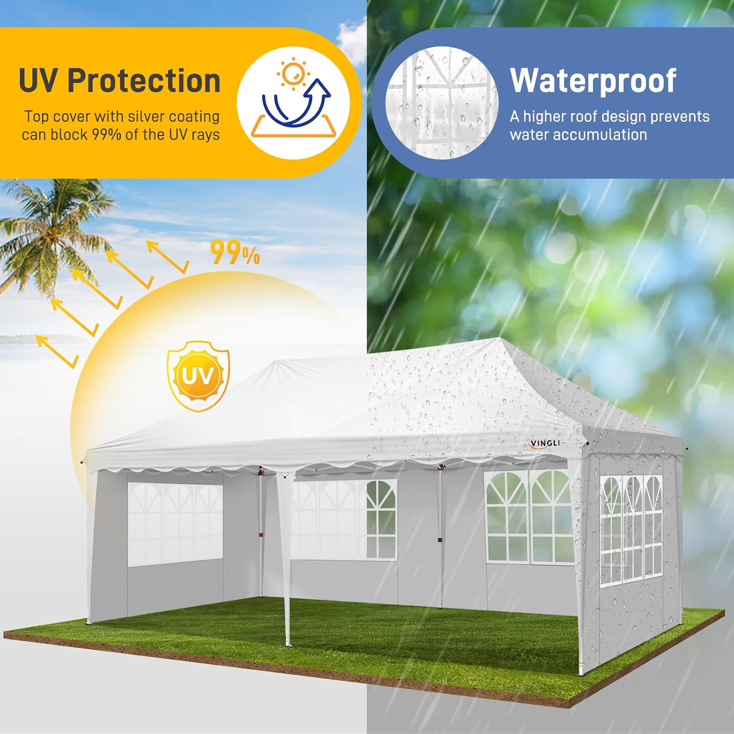 VINGLI 10x20 Pop Up Canopy Tent with Sidewalls, Commercial Outdoor Canopy Tent Pop Up Gazebo Party Tent Wedding Tents with Sandbags & Rolling Bag