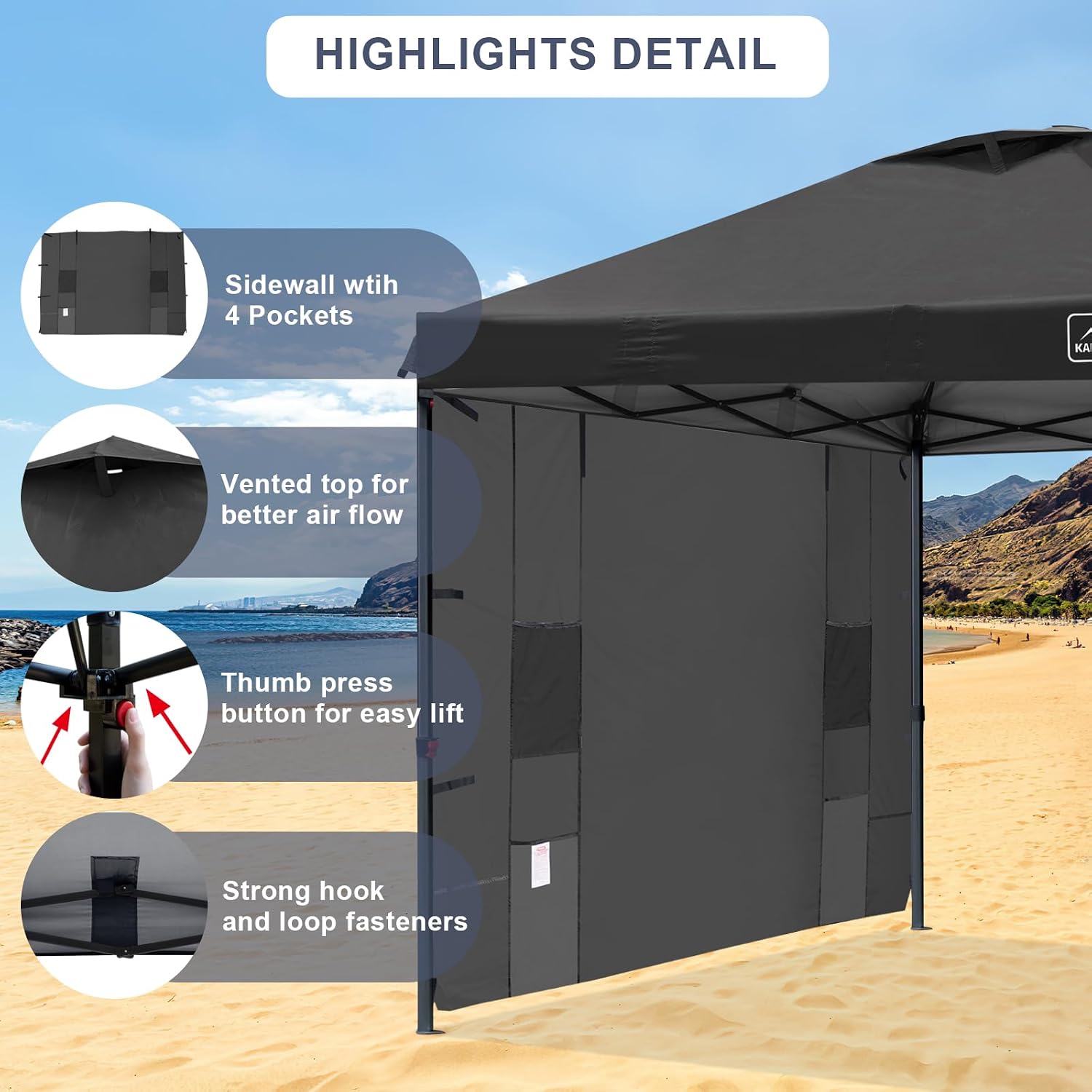 KAMPKEEPER 10x10 Easy Pop Up Canopy Tent with Sidewalls, Instant Outdoor Shade Shelter with Removable 10FT Sun Walls, Quick Setup Waterproof and UV-Resistant for Patio (Black, 10x10FT with 1 sidewall)
