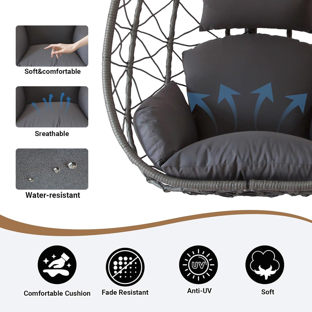 JOINFUN Egg Chair with Stand, Patio Wicker Hanging Swing Egg Chair Thickened, Galvanized Pipe Steel Frame and UV Resistant Cushion for Bedroom Garden Indoor Outdoor, 350LBS Capacity (Drak Grey)