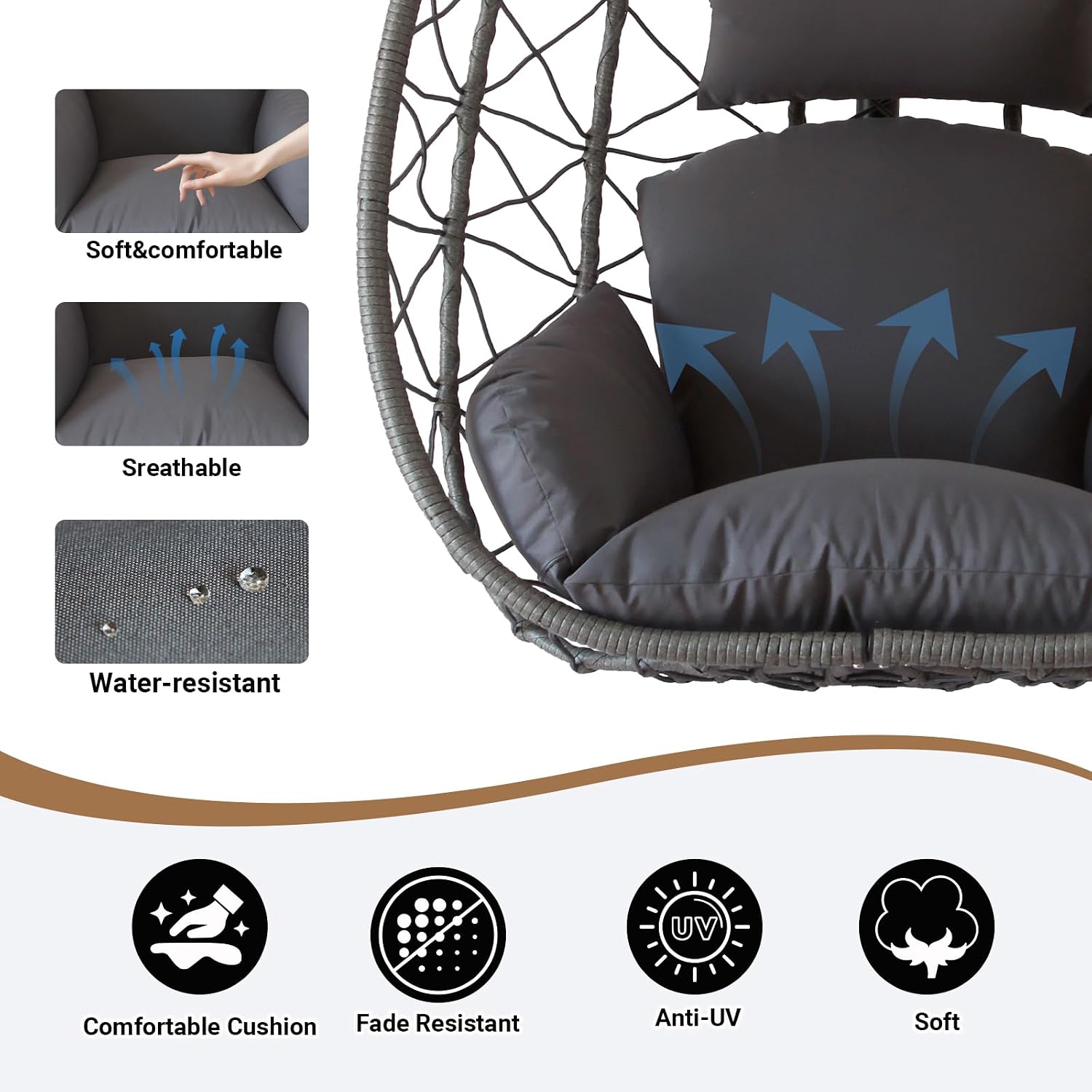 JOINFUN Egg Chair with Stand, Patio Wicker Hanging Swing Egg Chair Thickened, Galvanized Pipe Steel Frame and UV Resistant Cushion for Bedroom Garden Indoor Outdoor, 350LBS Capacity (Drak Grey)