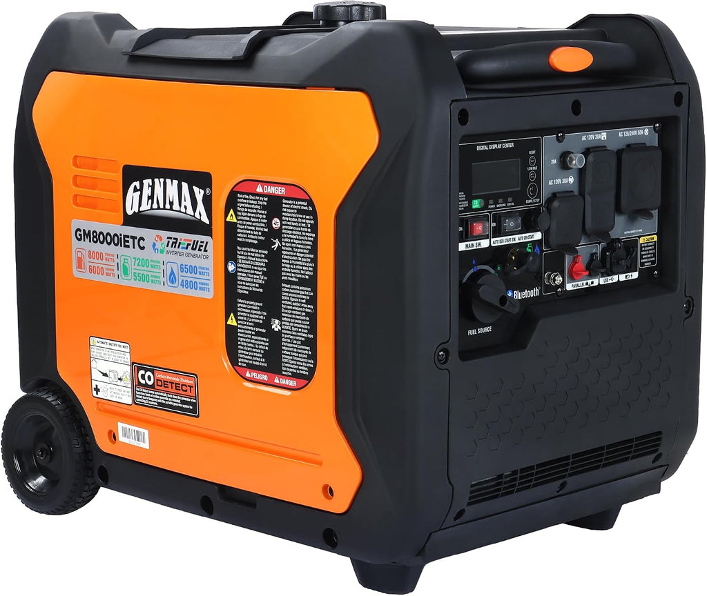 GENMAX 8000w Tri-Fuel Inverter Generator(2026Model)Features2Wire Auto Start/Stop,bluetooth APP Control,CO Sensor,Digital Display&50A Outlet-Ideal for Home Backup&Camping,EPA&CARB Compliant(GM8000iETC)