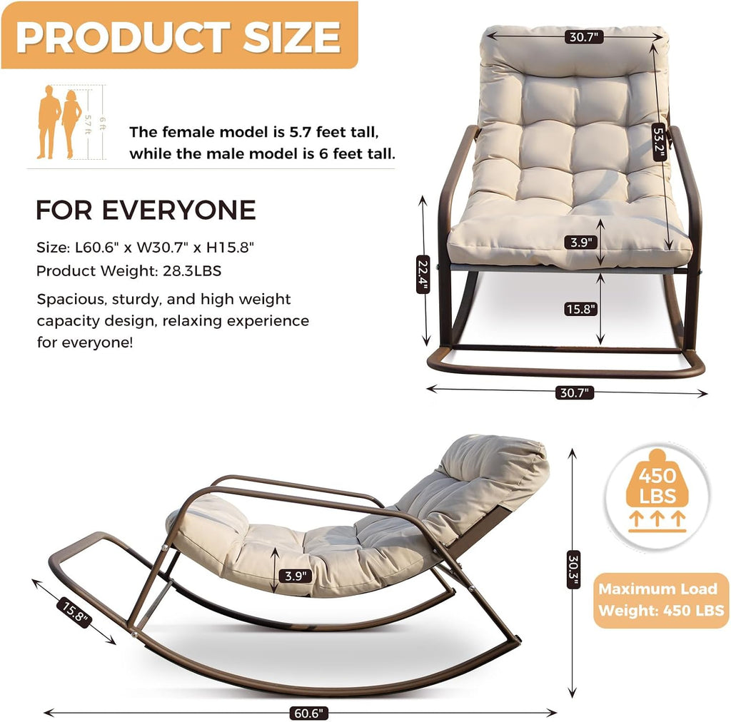 BULEXYARD Beige Oversized Indoor Outdoor Lounge Royal Rocking Chair with Armrest Footrest for Napping Relaxing, Heavy Duty Patio Reclining Papasan Rocker Chair with Padded Cushion for Porch, Sunroom