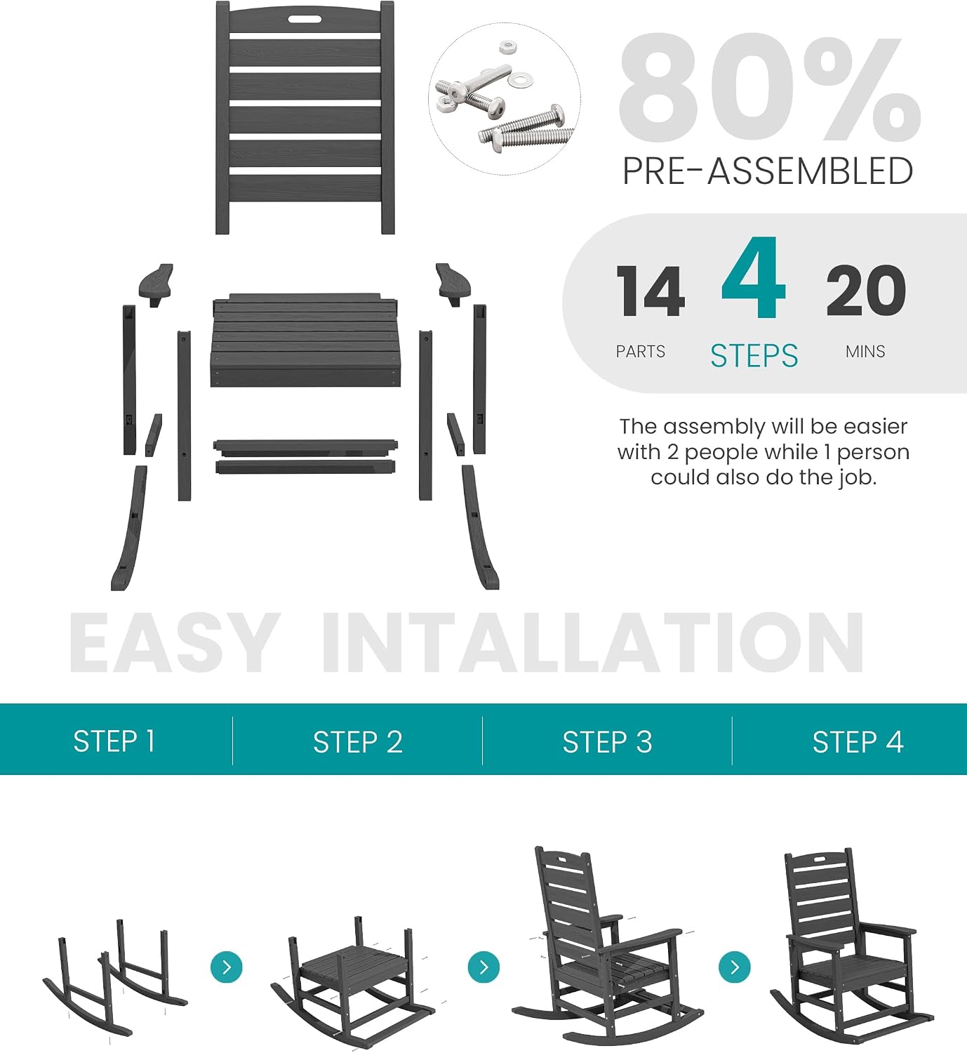 SERWALL Outdoor Rocking Chair Set of 2, Oversized Rocking Chair with Footboard for Adults, HDPE All Weather Resistant Rocking Chairs for Patio, 350lbs Weight Capacity, Gray