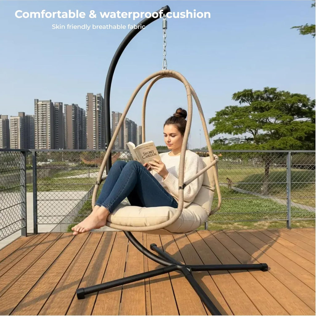JESE Swing Egg Chair with Stand - UV Resistant & Waterproof Cushion Included, with Cup Holder - Indoor/Outdoor Hanging Hammock Chair Suitable for Patio, Bedroom, Balcony, Garden (Khaki)