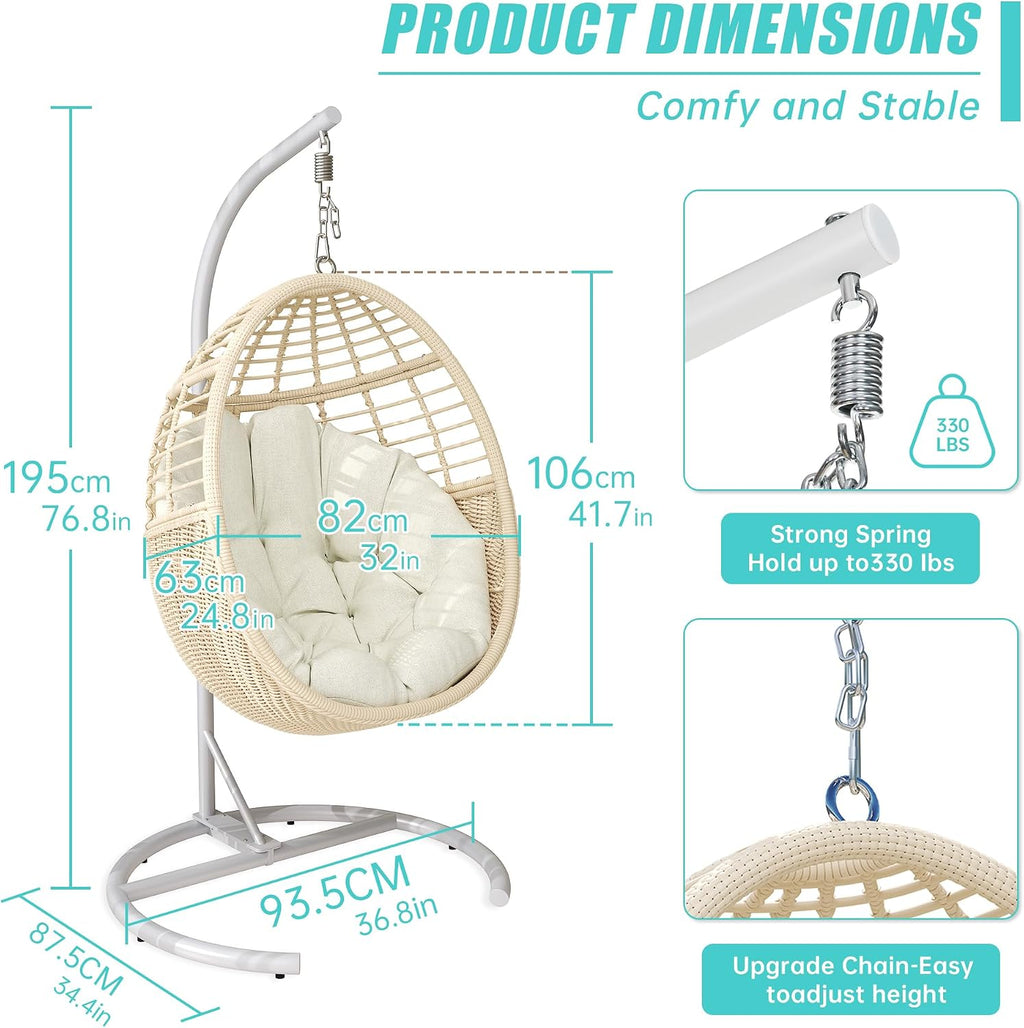 Egg Swing Chair with Stand, Rattan Egg Hanging Hammock Chair with Soft Cushion for 330lbs Patio Balcony Garden Living Room Bedroom Porch Indoor Outdoor, Beige