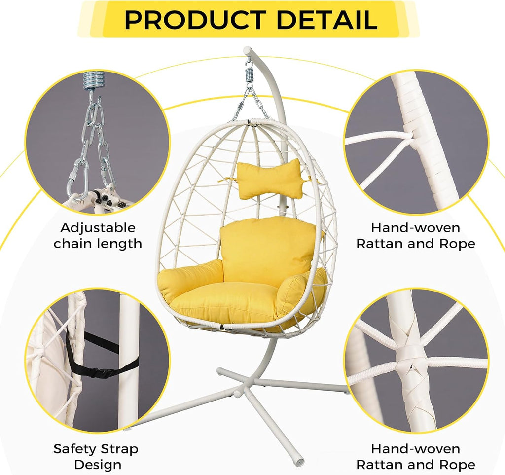 Egg Chair with Stand, Wicker Hanging Chair for Outdoor Patio, Cushioned Hammock Swing for Bedroom Garden Indoor/Outdoor, Double-Zipper Structure Hanging Egg Chair (White and Yellow)