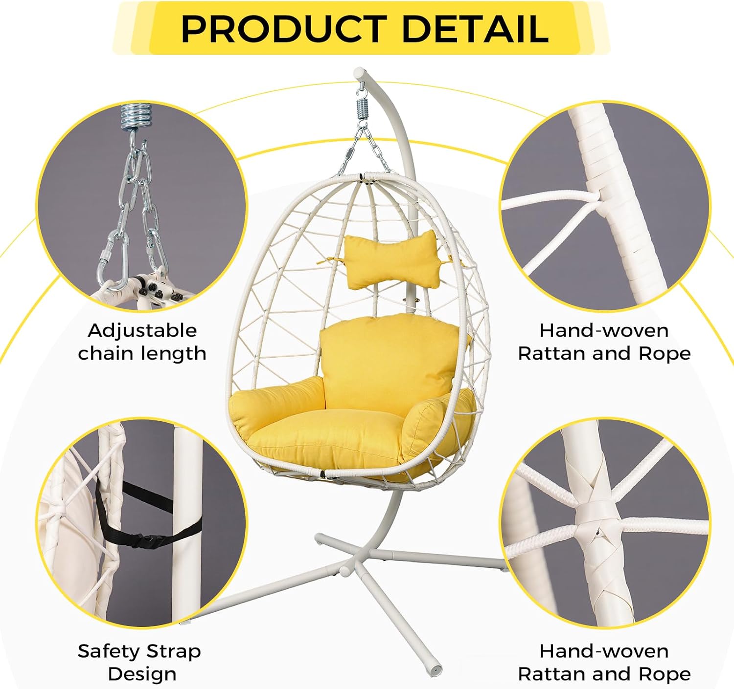 Egg Chair with Stand, Wicker Hanging Chair for Outdoor Patio, Cushioned Hammock Swing for Bedroom Garden Indoor/Outdoor, Double-Zipper Structure Hanging Egg Chair (White and Yellow)
