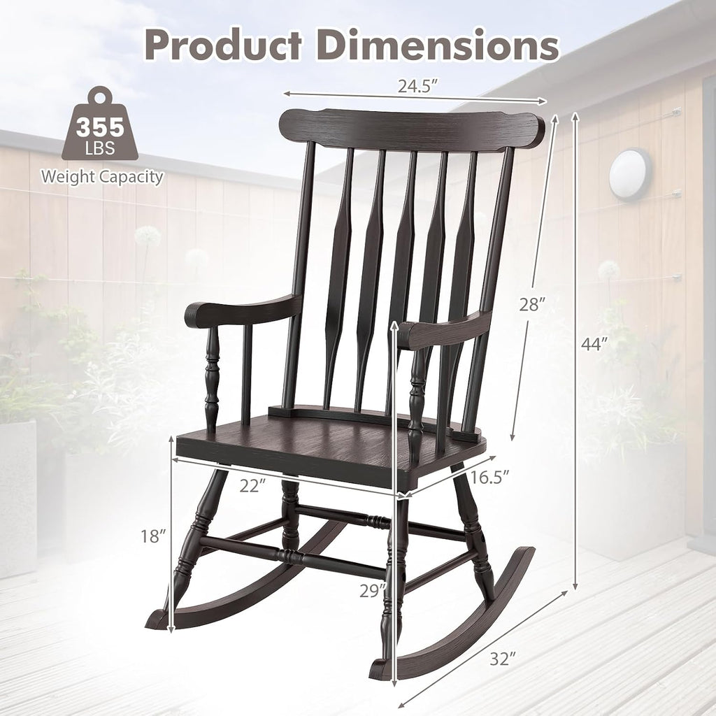 Tangkula Patio Rocking Chair Solid Rubber Wood, Outdoor Porch Rocker Chair with Rubber Wood Frame, Indoor Wooden Rocking Chair, Ideal for Garden, Backyard & Balcony (1, Espresso)