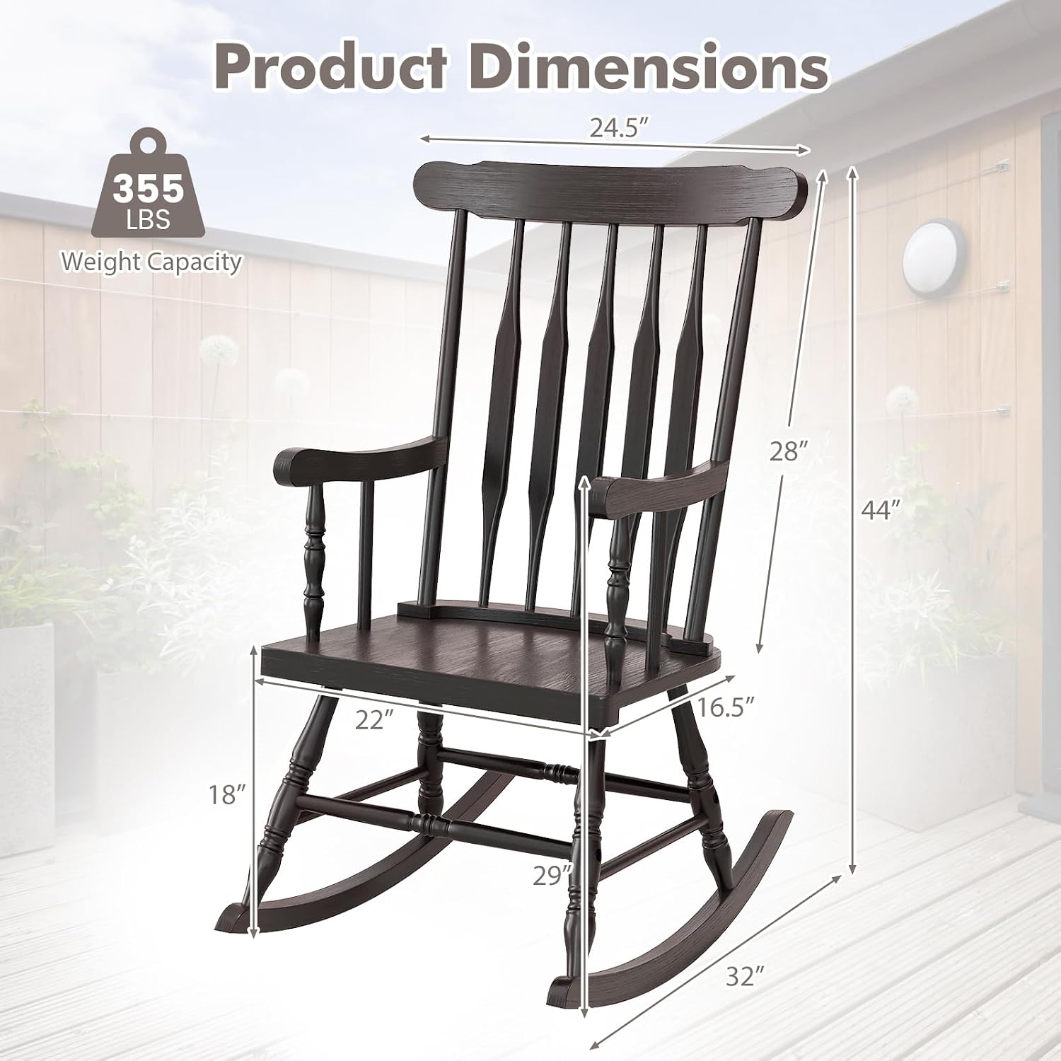 Tangkula Patio Rocking Chair Solid Rubber Wood, Outdoor Porch Rocker Chair with Rubber Wood Frame, Indoor Wooden Rocking Chair, Ideal for Garden, Backyard & Balcony (1, Espresso)