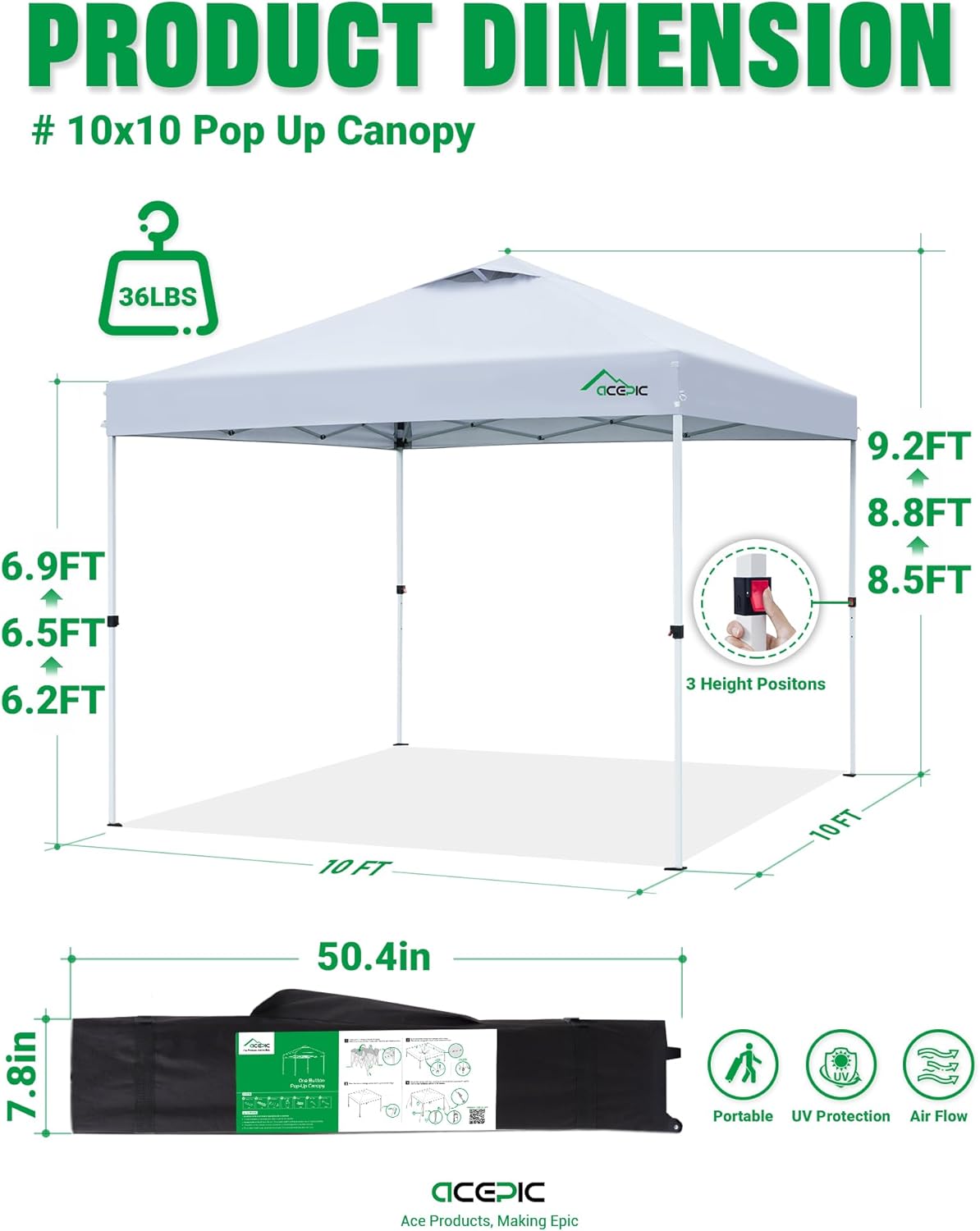 Acepic 10x10 Pop Up Canopy Tent, One Push Instant Outdoor Gazebo with Vented Top, Upgraded 300D Silver Coated Sun Shade for Parties Camping Vendor, Includes Wheeled Bag and 4 Sandbags, White