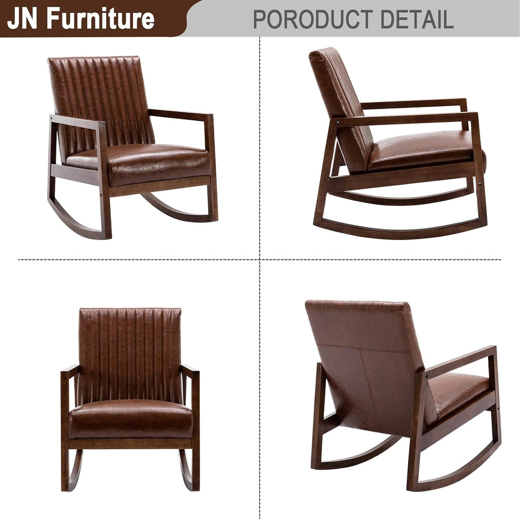 VESCASA Upholstered Rocking Chairs with Channel-Tufted Back, Mid-Century Modern Comfy Oil Wax PU Leather Rockers with Black Walnut Wood Frame for Nursery Living Bedroom Indoor, Set of 2, Brown