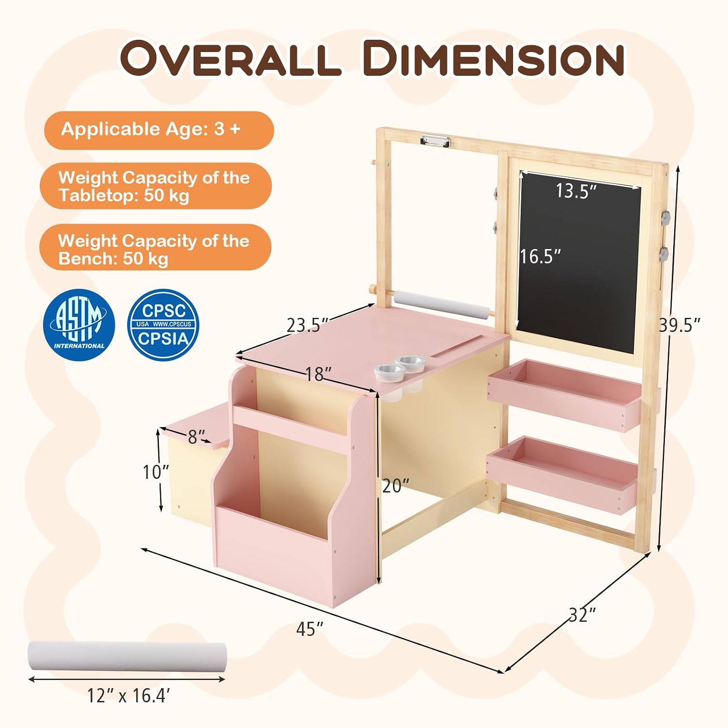 Costzon Easel for Kids, Wooden Art Center with Double-Sided Blackboard & Whiteboard, Paper Roll for Drawing, Crafts, Writing, Toddler Activity Table with Storage, Kids Table and Chair Set (Pink)
