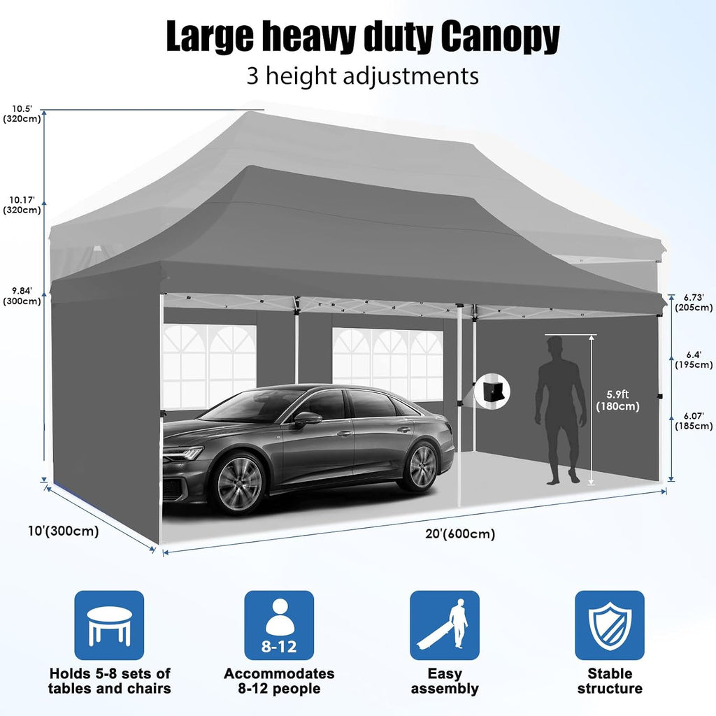 COBIZI Canopy 10x20 Pop Up Canopy Tent with 4 Sidewalls, Waterproof Commercial Canopy Ez Outdoor Instant Gazebo UV Protection 50+ Event Shelter, Party Tent for Parties Garden Camping, Grey