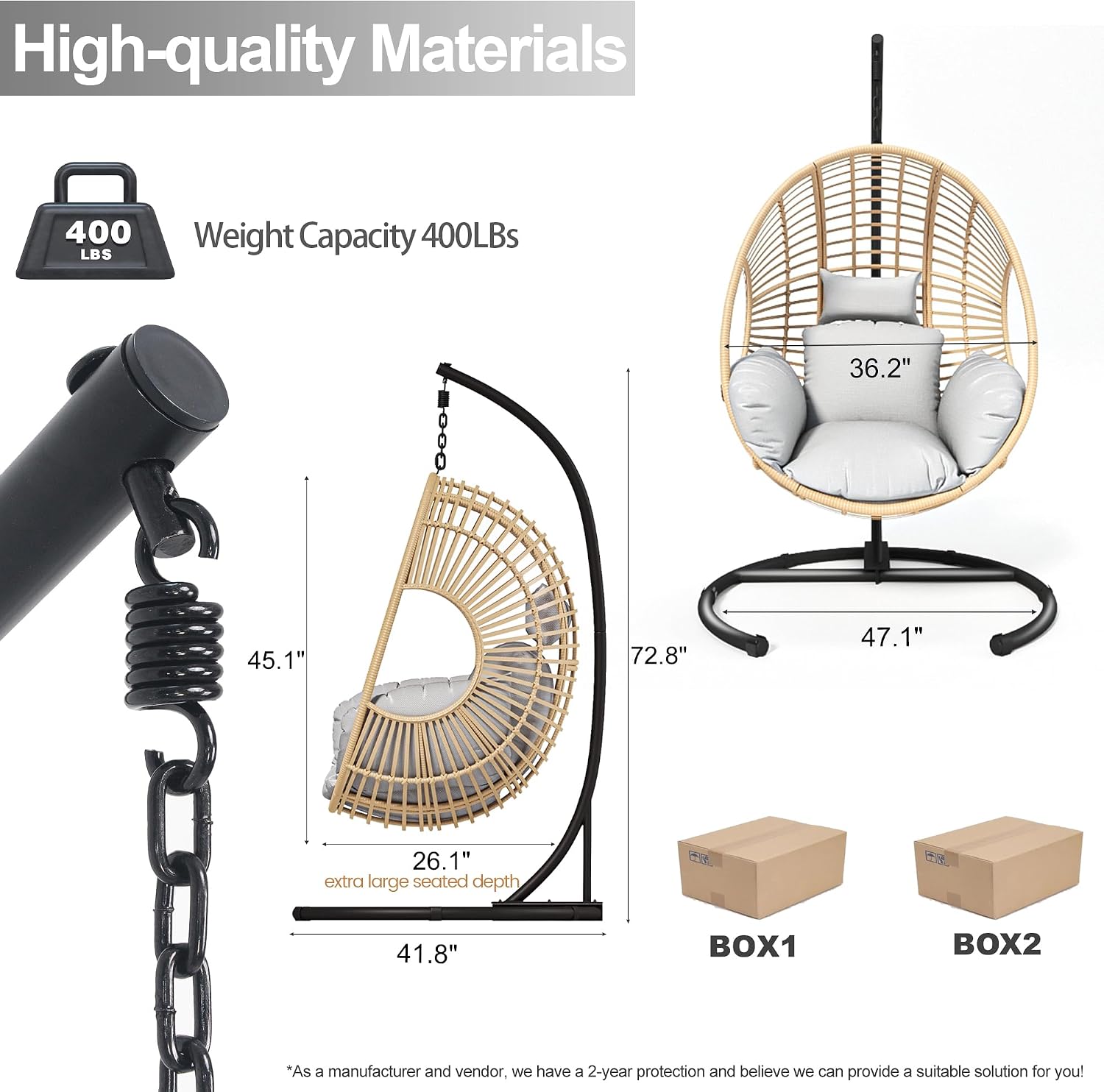 Hanging Egg Chair with Stand - Egg Swing Chair Outdoor Indoor Patio Wicker Chair Swing Hammock Egg Chairs 400lbs Capacity for Outside Patio, Bedroom, Garden, Balcony（Beige-Regular, 1PC