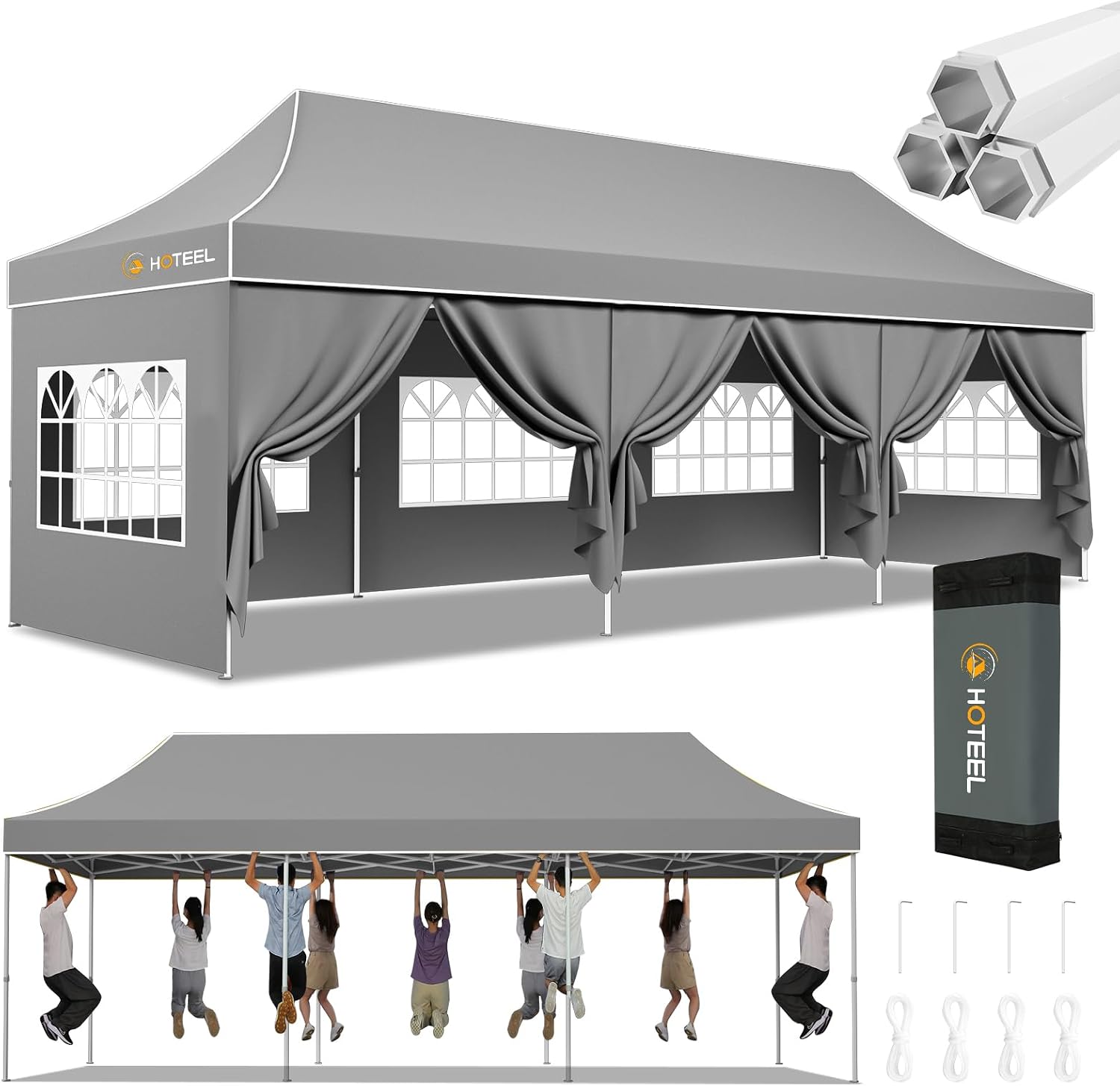 Hoteel 10x30 Pop Up Canopy Tent Heavy Duty with 8 Sidewalls, Waterproof Party Tent, Easy Set-up Commercial Instant Tents with Hand Bag, Rope & Nail, Hexagonal Leg (1-Year Warranty)