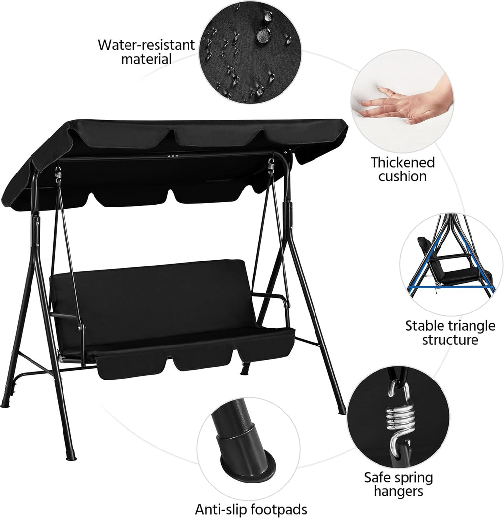 Yaheetech 3-Seat Patio Swing Chair, Outdoor Canopy Porch with Adjustable Canopy & Removable Cushion, Hanging Glider Lounge Chair for Patio, Garden, Yard, Porch - Black