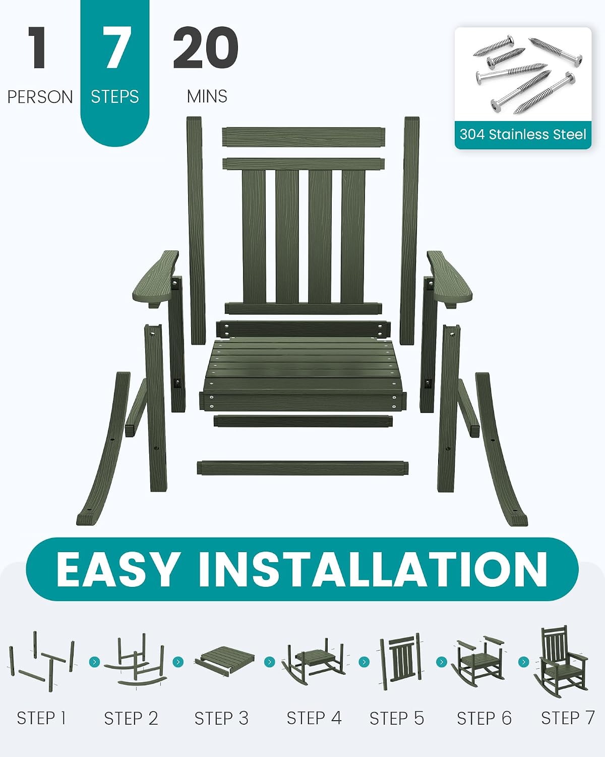 SEWALL HDPE Rocking Chair, Oversized Outdoor Rocking Chair for Adults, Patio Rocker for Porch, Avocado Green