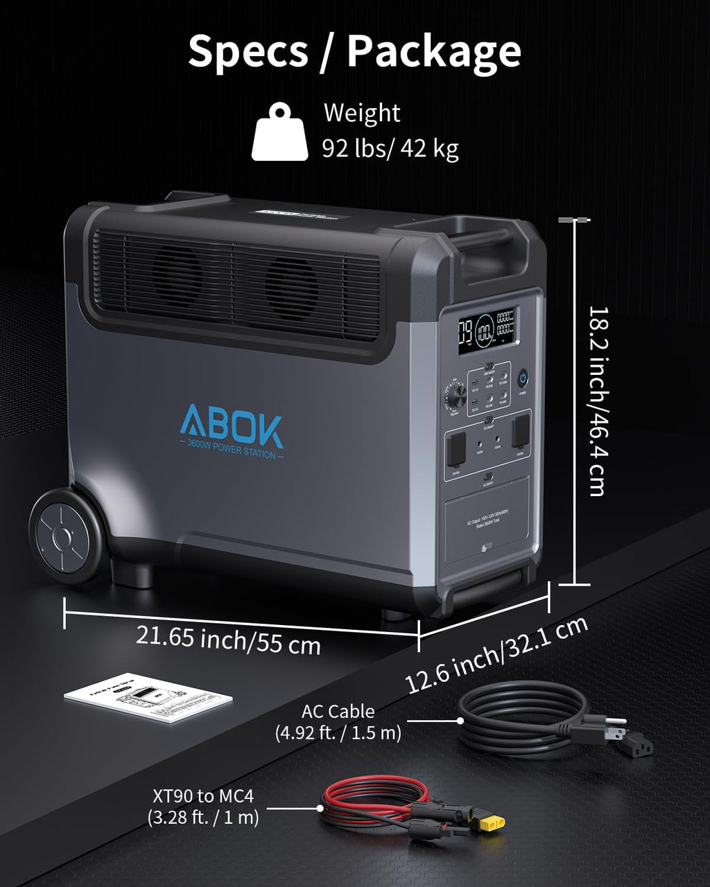 ABOK Ark3600 Portable Power Station with 200W Solar Panel, 3840Wh LiFePO4 Solar Generator Kit, 3600W AC Output, 2000W Max Fast Solar Input, Home Battery Backup for RV, Off-Grid, Power Outages