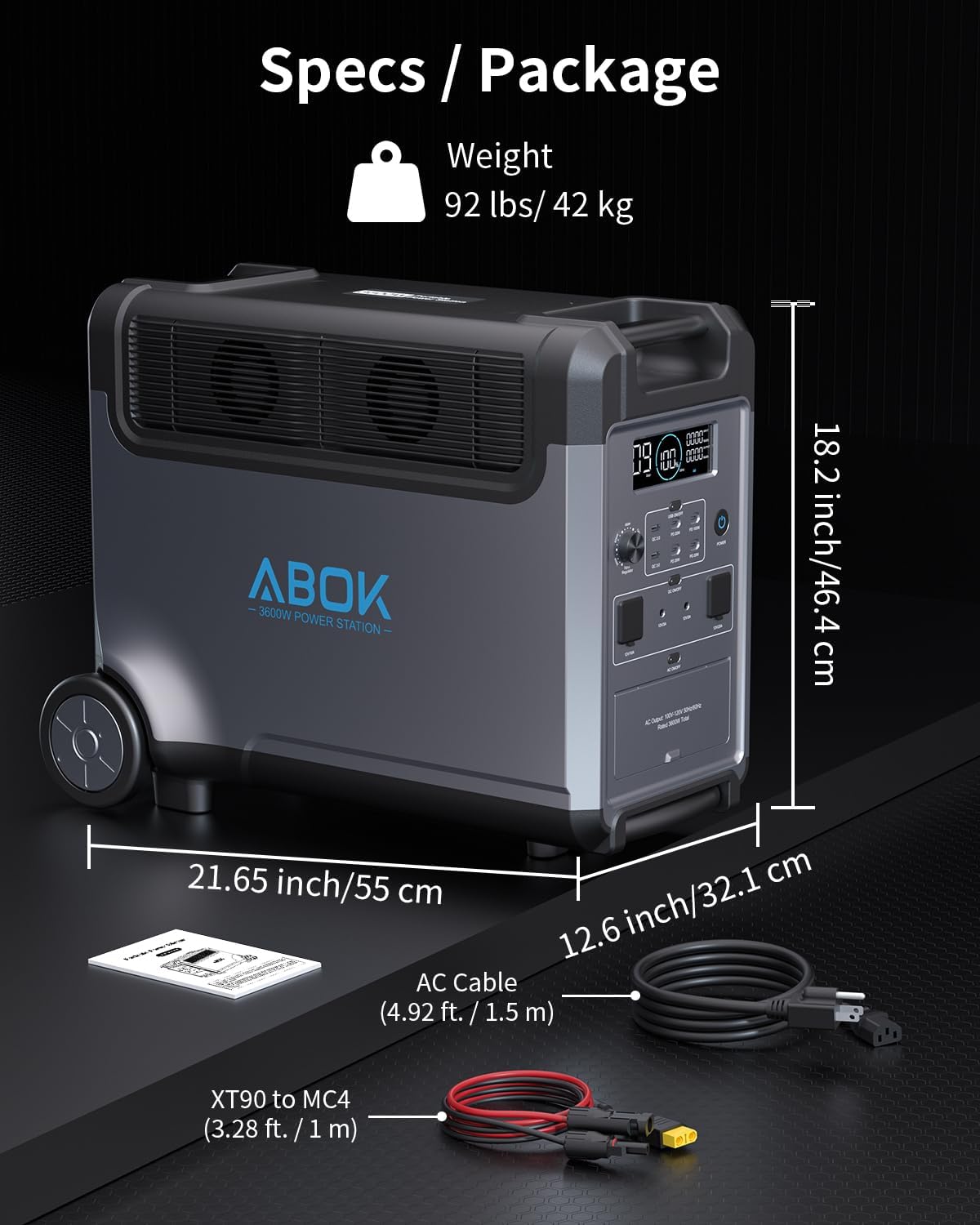 ABOK Ark3600 Portable Power Station with 200W Solar Panel, 3840Wh LiFePO4 Solar Generator Kit, 3600W AC Output, 2000W Max Fast Solar Input, Home Battery Backup for RV, Off-Grid, Power Outages