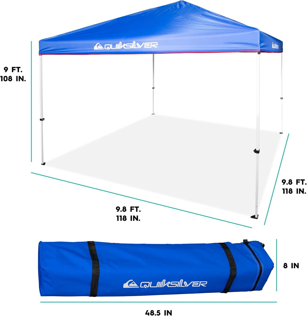 QUIKSILVER Blue 10x10 Pop Up Canopy Shade Tents for Outdoors - Foldable Gazebo Tent, Portable Shade for Yards, Beach, Parties Also Includes a Wheeled Carry Bag