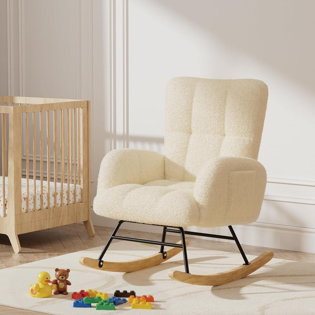 LUCKLIFE Rocking Chair Nursery,Teddy Upholstered Glider Rocker Chair with High Backrest,Reading Chair Modern Rocking Accent Chairs with Side Pockets for Living Room,Bedroom (Without Ottoman, Beige)