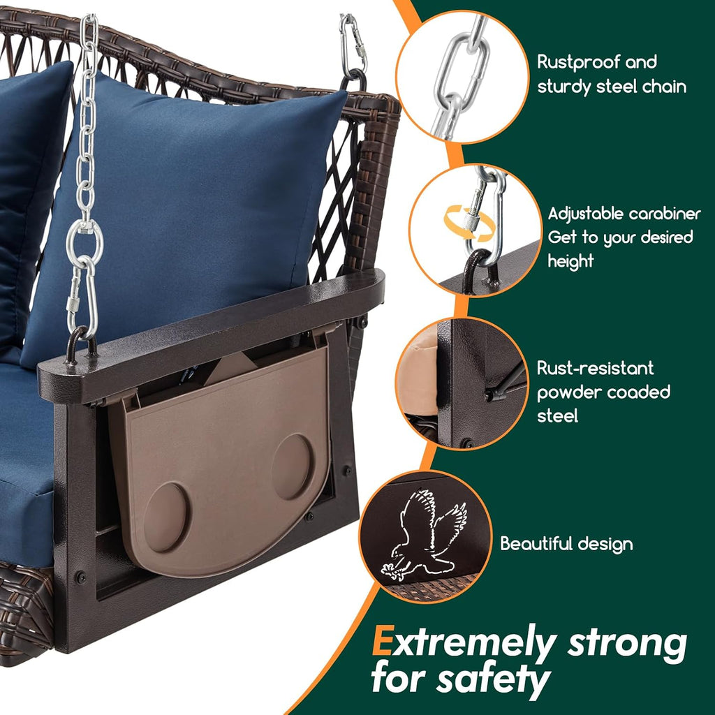 ZZW Upgraded Wicker Hanging Porch Swing Heavy Duty 900 LBS 3-Seat Outdoor Patio Swing Chair Bench for Adult w/ 8.9ft Hanging Chains Cushions and Cup Holder