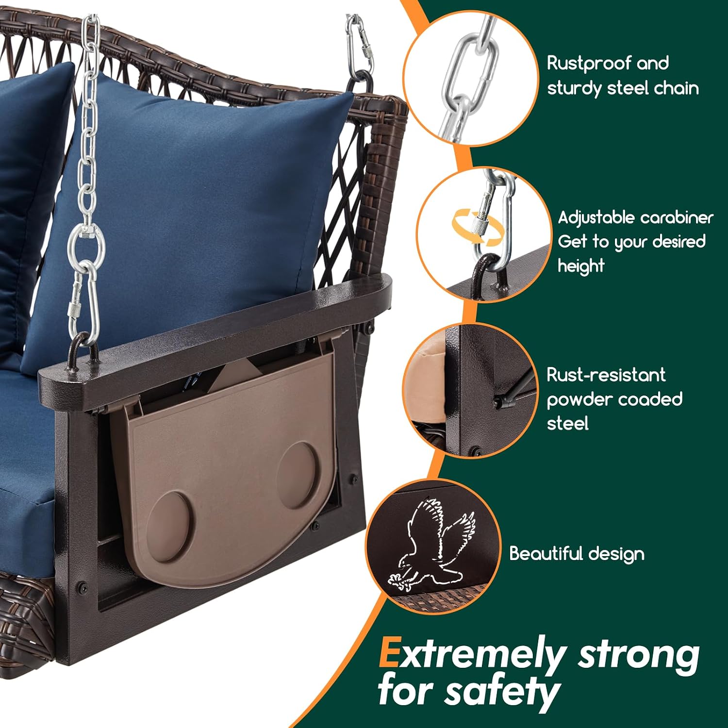 ZZW Upgraded Wicker Hanging Porch Swing Heavy Duty 900 LBS 3-Seat Outdoor Patio Swing Chair Bench for Adult w/ 8.9ft Hanging Chains Cushions and Cup Holder