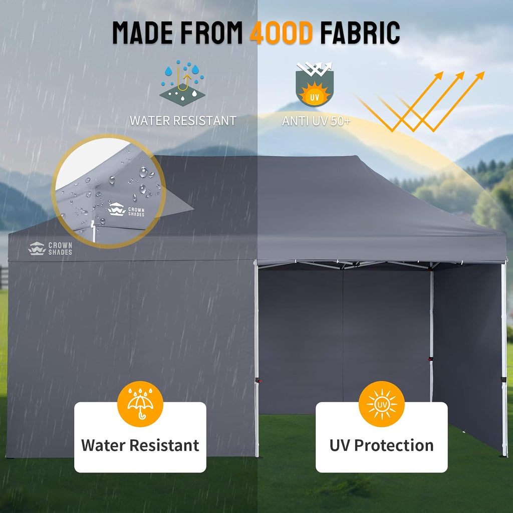 CROWN SHADES 10x20 Pop Up Canopy Tent, Thicken Frame Commercial Heavy Duty Tent, 4 Sidewalls 8 Stakes & 4 Sandbags & 4 Ropes, Outdoor Canopies for Events, Parties, Gray