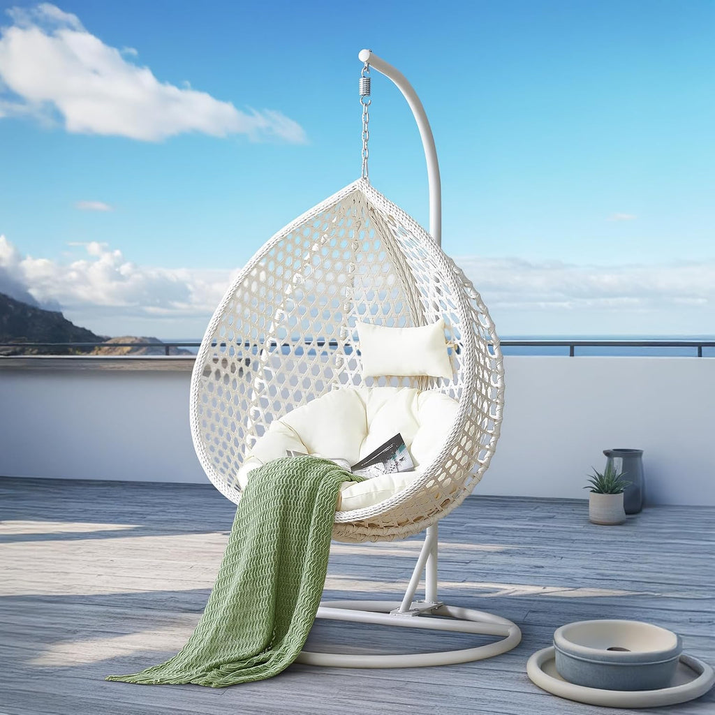 Egg Chair Indoor, Hanging Egg Chair with Stand, Rattan Wicker Swing Chair with Cushions, Swinging Chair for Bedroom Outdoor Patio Balcony Backyard Heavy Duty 350LBS,White