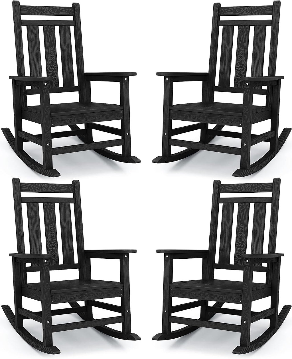 KINGYES Oversized Outdoor Rocking Chair Set of 4, All-Weather Patio Rocking Chairs for Porch, HDPE Outdoor Patio Rockers with High Back & Wide Seat for Garden, Lawn, Black