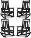 KINGYES Oversized Outdoor Rocking Chair Set of 4, All-Weather Patio Rocking Chairs for Porch, HDPE Outdoor Patio Rockers with High Back & Wide Seat for Garden, Lawn, Black