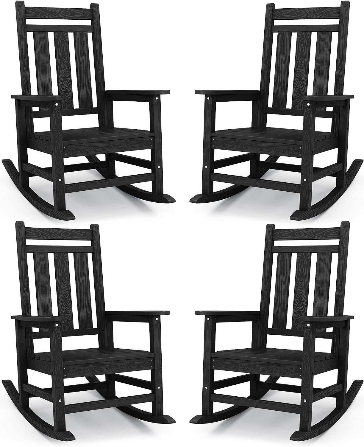 KINGYES Oversized Outdoor Rocking Chair Set of 4, All-Weather Patio Rocking Chairs for Porch, HDPE Outdoor Patio Rockers with High Back & Wide Seat for Garden, Lawn, Black