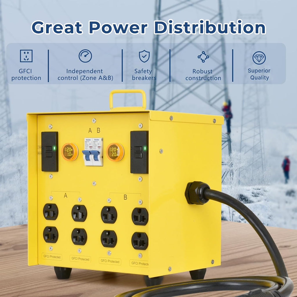 30-Amp Portable Power Center, Split 240VAC Input into 2 Separate 120VAC Output, A&B Zone Independent Control with 2 Mini Voltmeter and Ammeter