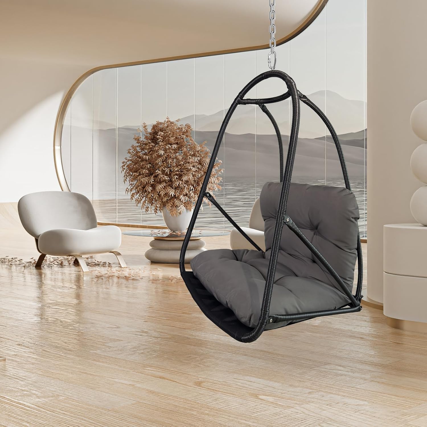 JESE Swing Egg Chair Without Stand Foldable Frame Hanging Chairs for Indoor Outside,with UV Resistant Waterproof Cushion&Cup Holder,Swing Hammock Chair for Patio,Bedroom,Balcony,Garden,Backyard,Black