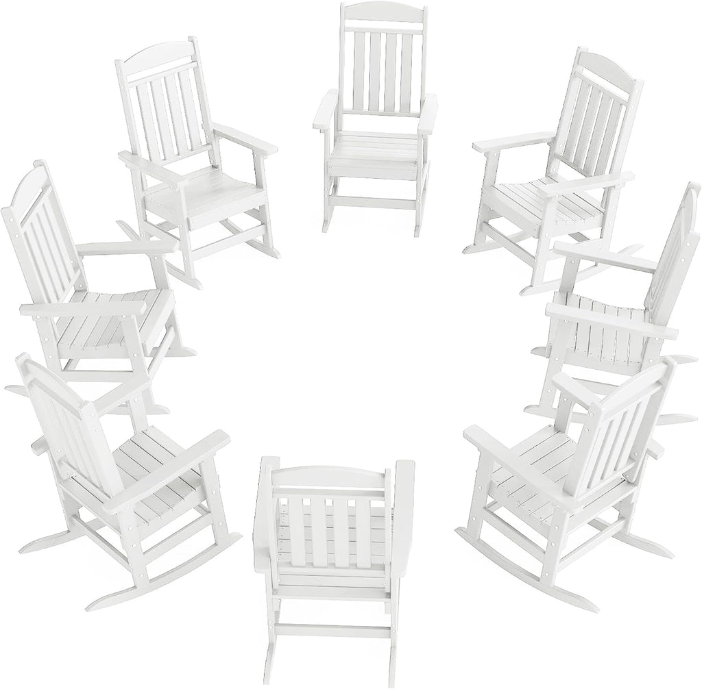 NAVINE Outdoor Rocking Chairs Set of 8, Oversized High Back Patio Rocking Chairs, All Weather Porch Rocking Chairs for Outside. White