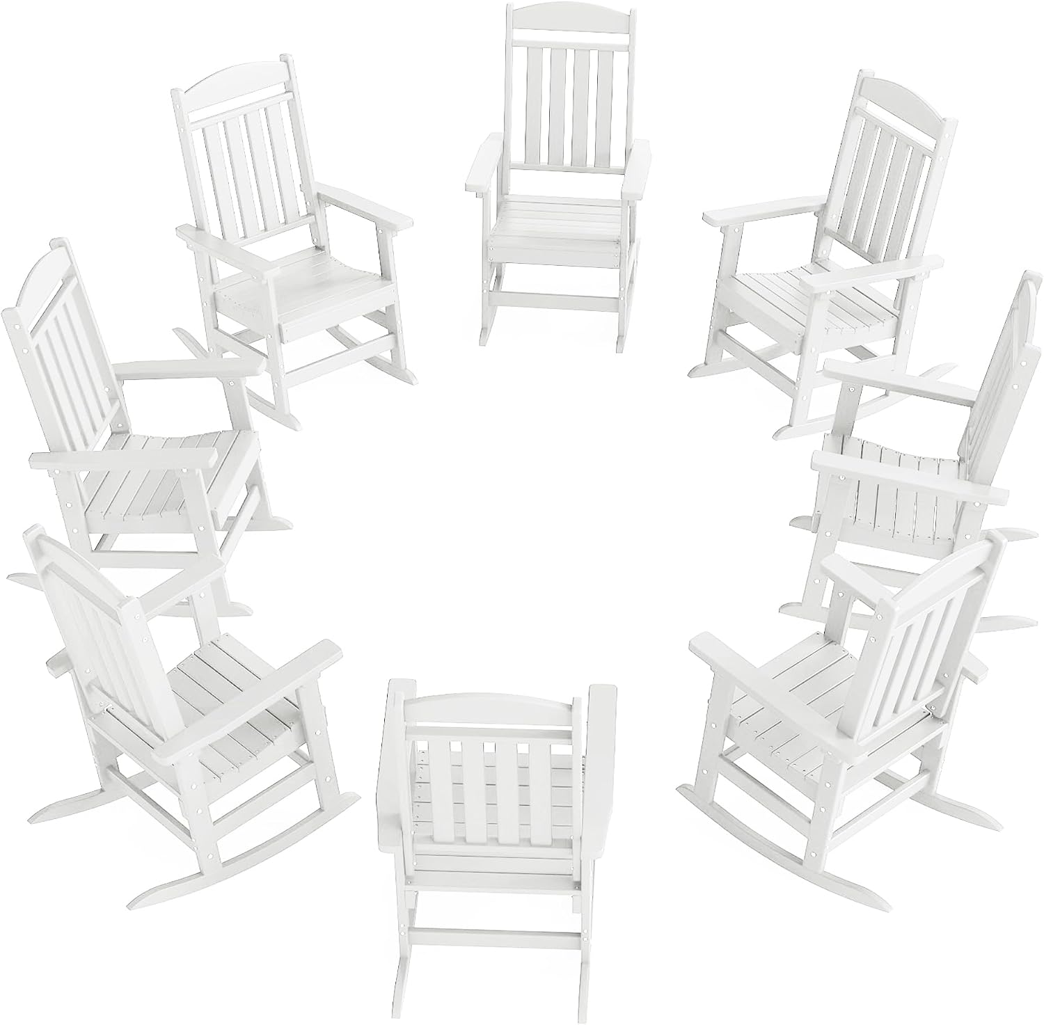 NAVINE Outdoor Rocking Chairs Set of 8, Oversized High Back Patio Rocking Chairs, All Weather Porch Rocking Chairs for Outside. White