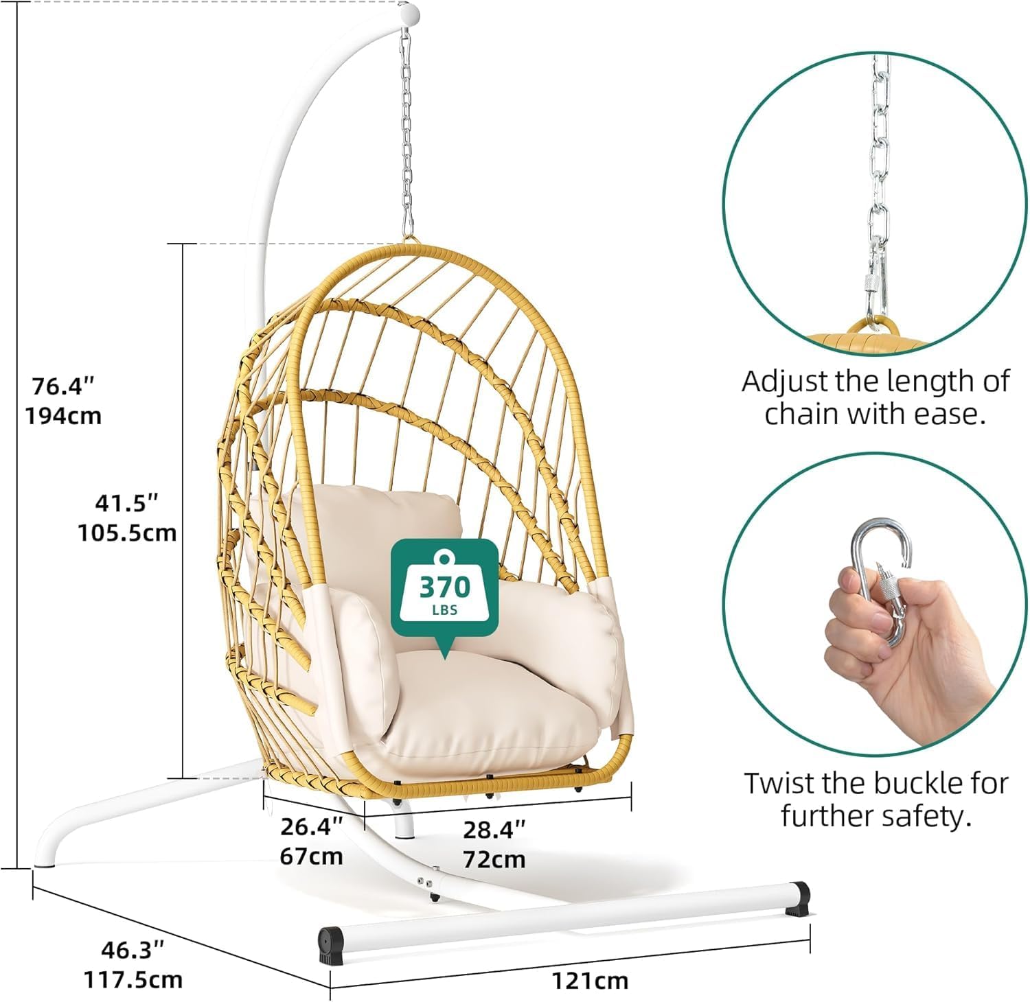 YITAHOME Hanging Egg Chair with Stand, Rattan Wicker Swing Egg Chair with Resistant Cushion, 350lbs Capacity, Foldable Hanging Rattan Basket Chair for Porch, Garden, Bedroom, Balcony, Beige