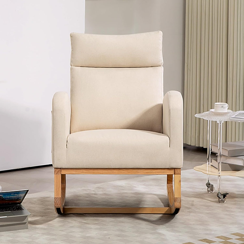 GarveeHome Nursery Glider Chair Rocking Chair, Upholstered Nursery with Rubber Wood Legs, Comfy High Backrest, Side Pockets, Accent Rocker Armchair for Living Room, 27.6' D x 33.9' W x 41.1' H, White