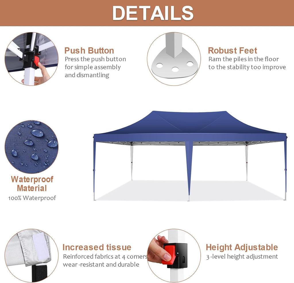 COBIZI Canopy 10x20 Pop up Canopy Tents for Parties 3.0, Upgrade Structure Wind & Waterproof Easy Set up UV Blocking with 6 Sidewalls Outdoor Commercial Party Tent Gazebo, Dark Blue