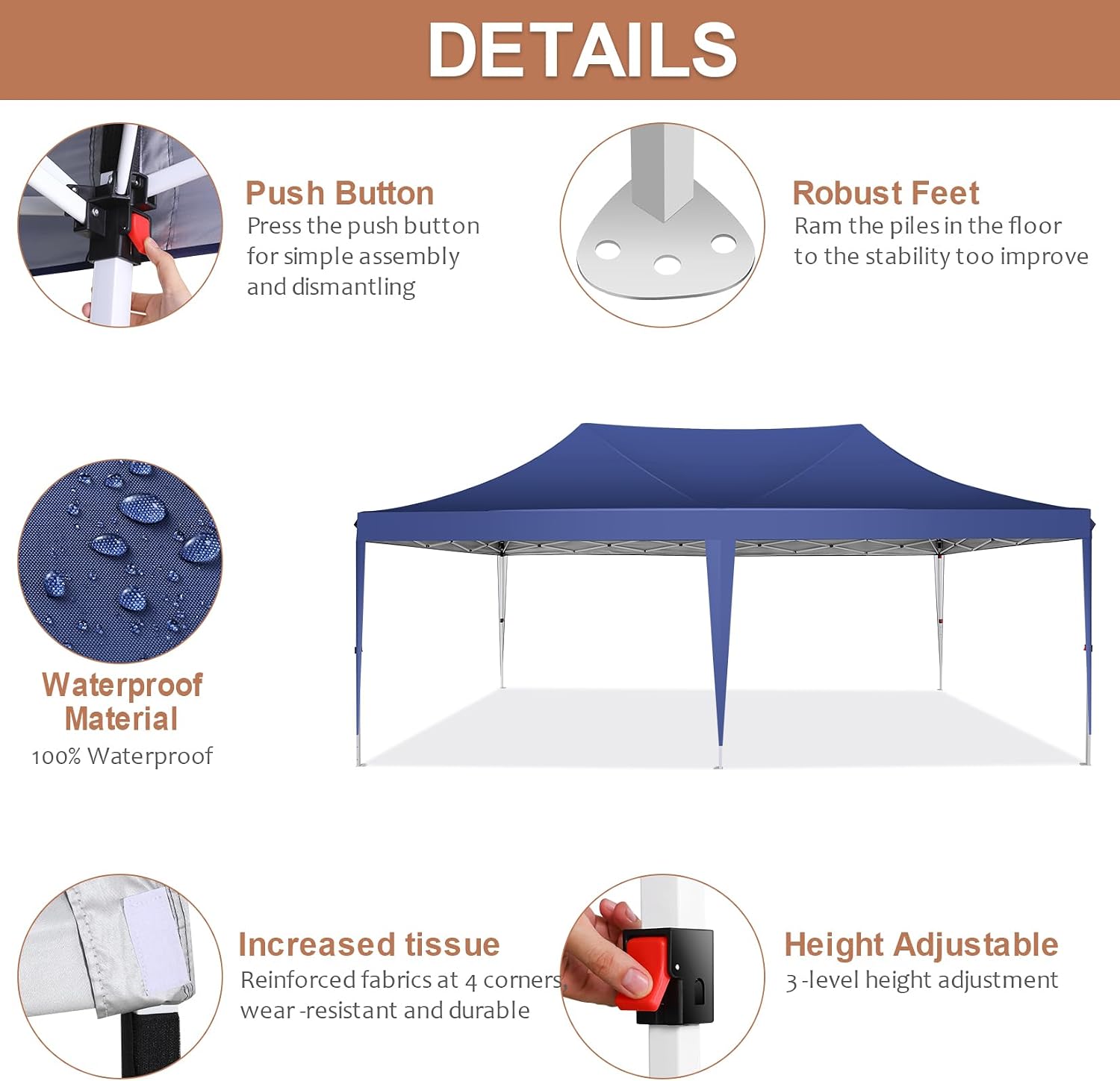 COBIZI Canopy 10x20 Pop up Canopy Tents for Parties 3.0, Upgrade Structure Wind & Waterproof Easy Set up UV Blocking with 6 Sidewalls Outdoor Commercial Party Tent Gazebo, Dark Blue