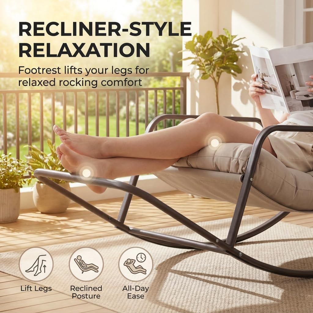 BULEXYARD Beige 2 Pcs Oversized Indoor Outdoor Lounge Royal Rocking Chair with Armrest Footrest for Napping Relaxing, Heavy Duty Patio Reclining Papasan Rocker Chair with Padded Cushion