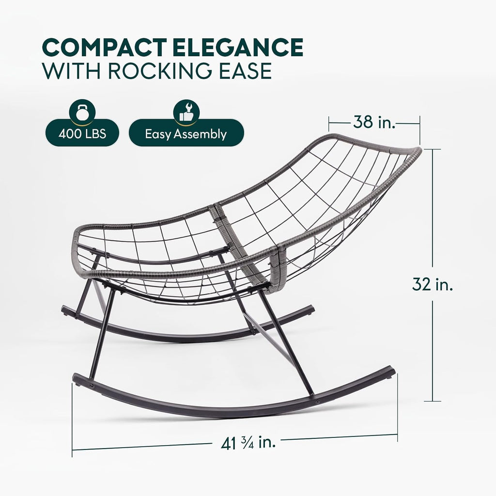 Bme Patio Rocking Chair Outdoor and Indoor, Modern Metal Lounge Rocker with Thick 7'' Cushion, 400lbs Capacity, Ergonomic Design, Easy Assembly, Grey Cushion - Black Matte Rocker