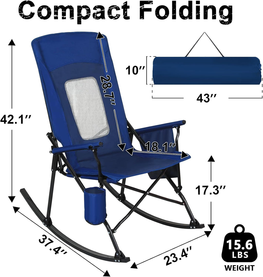Romswi 2 Pack Rocking Camping Chair for Adult 400LBS Capacity, Heavy Duty Folding Rocking Chairs, Portable Outdoor Rocker with High Back & Hard Armrests for Camping, Beach, Patio, Backyard, Mesh Blue