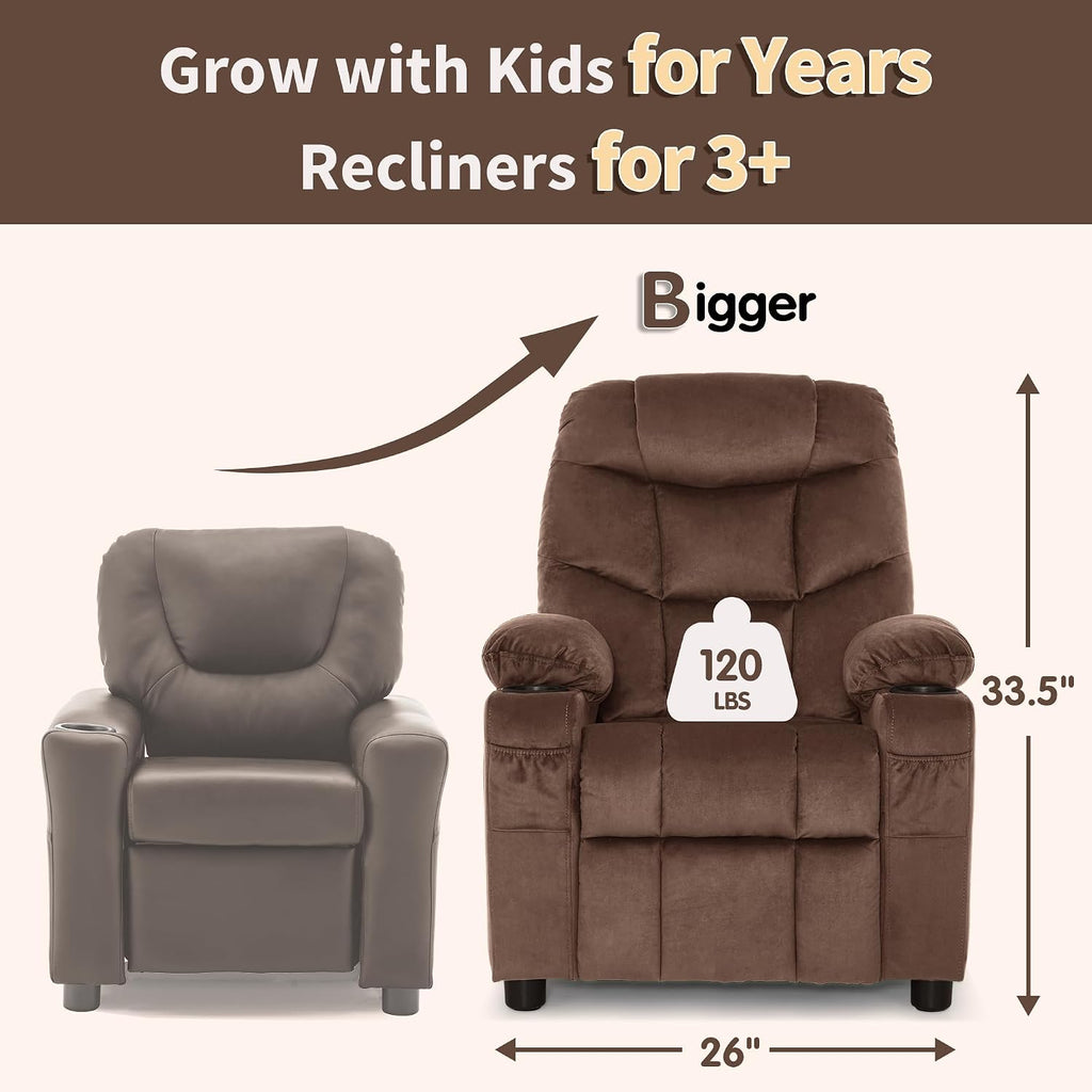MCombo Big Kids Recliner for Ages 3+, Child Reclining Chair, Toddlers Recliner Sofa with Cup Holders (Velvet, Brown)