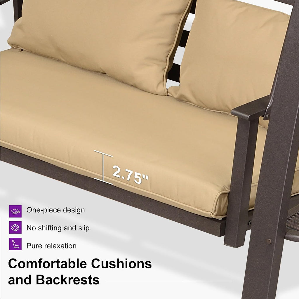 PURPLE LEAF 2-Seat Porch Swing with Adjustable PVC Canopy Metal Patio Bench Glider Swing Bed Outdoor Swing Chair with Stand and Side Cup Holder for Outside Garden Porch, Cushion and Pillows Included