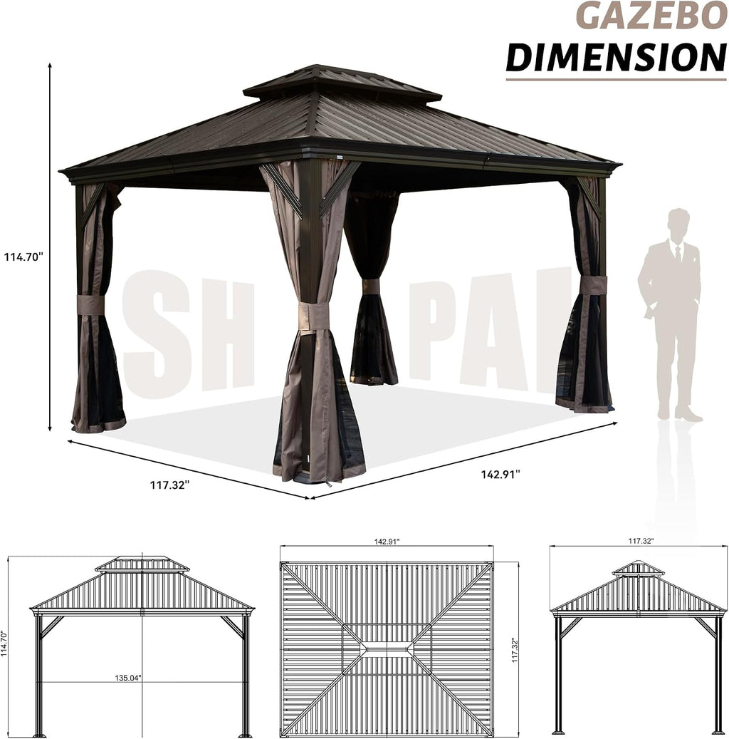10' x 12' Outdoor Hardtop Gazebo with Gutters, Double Roof Galvanized Metal Gazebo for Backyard, Patio, Deck, Hot Tub, Heavy Duty Canopy Permanent Pavilion with Curtains and Netting, Brown