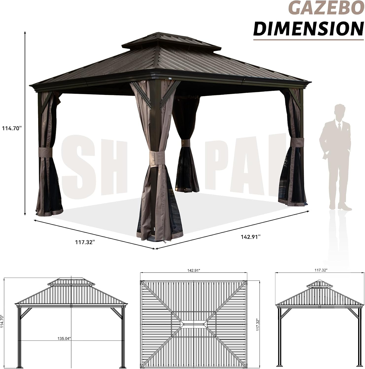 10' x 12' Outdoor Hardtop Gazebo with Gutters, Double Roof Galvanized Metal Gazebo for Backyard, Patio, Deck, Hot Tub, Heavy Duty Canopy Permanent Pavilion with Curtains and Netting, Brown